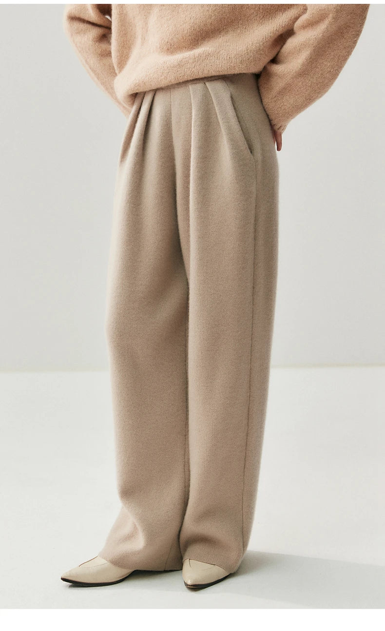 New Women's 100% Cashmere Knitted Thick Pants Autumn Winter Comfortable Skin Friendly Wide-leg Pants Solid Color Casual Clothing