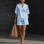 Women Casual Suits Fashion Two Pieces Sets Spring Summer Cotton Linen Loose Long Sleeve Drawstring Blouse Ruffles Shorts Set