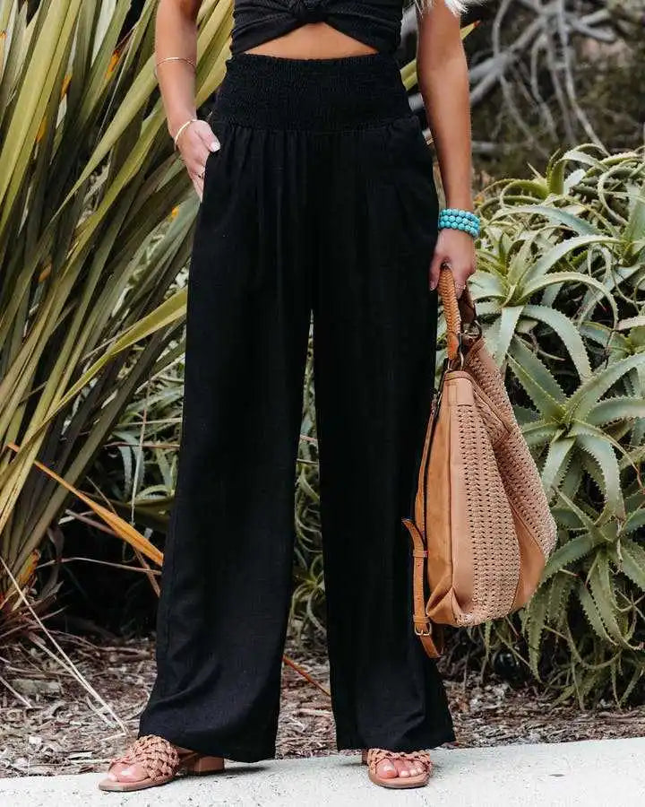Women's casual pants with drawstring, mid waist, beach wide leg, spring and summer, European and American pants