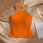 2026 Summer Sleeveless Knitted Vest Shirt Slim Halter Neck Beaded Tops Slim Sexy Bright Silk Women Camisole