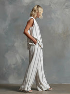 Black White Vertical Striped Loose Top+Wide Leg Pants Two-piece Summer Women's Loose Cotton Linen Trousers Set Костюм Женский
