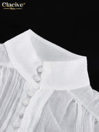 Clacive Fashion White Cotton Woman Blouse 2024 Elegant Stand Collar Puff Sleeve Shirts Casaul Classic Blusa Tops Female Clothing