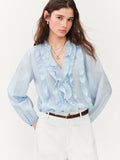 FSLE 2026 Summer New Women's French Style V-Neck Ruffle Blouse Lightweight Sheer Hem Top for Coquette Vacation Chic Daily Style