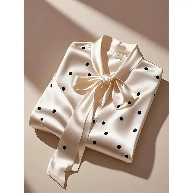 Elegant High Quality Satin Polka Dot Print Shirt Women Office Lady Business Casual Chic Blouse Lace-up Bow Long Sleeve Loose Top