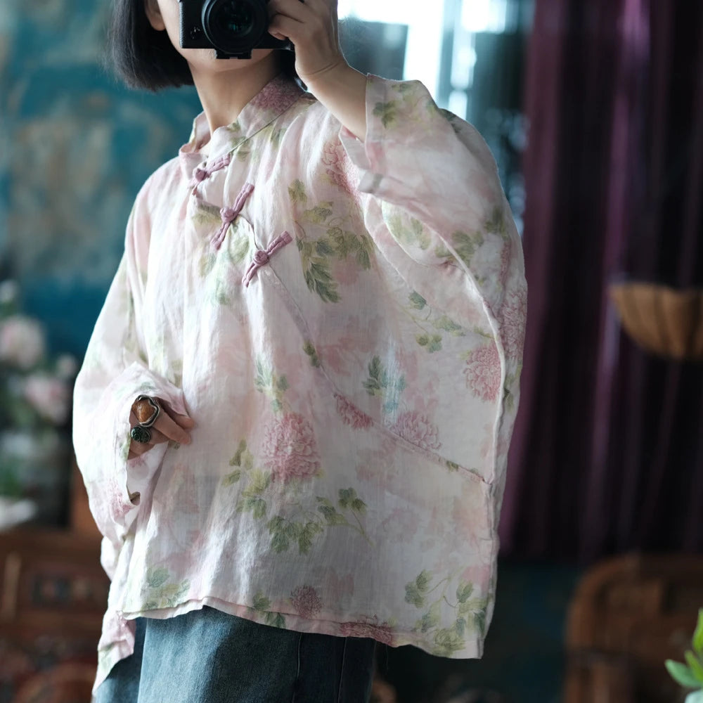 Oversized Women Batwing Sleeve Linen Shirt New 2025 Spring Chinese Style Vintage Floral Print Female Casua Tops Shirts M1057