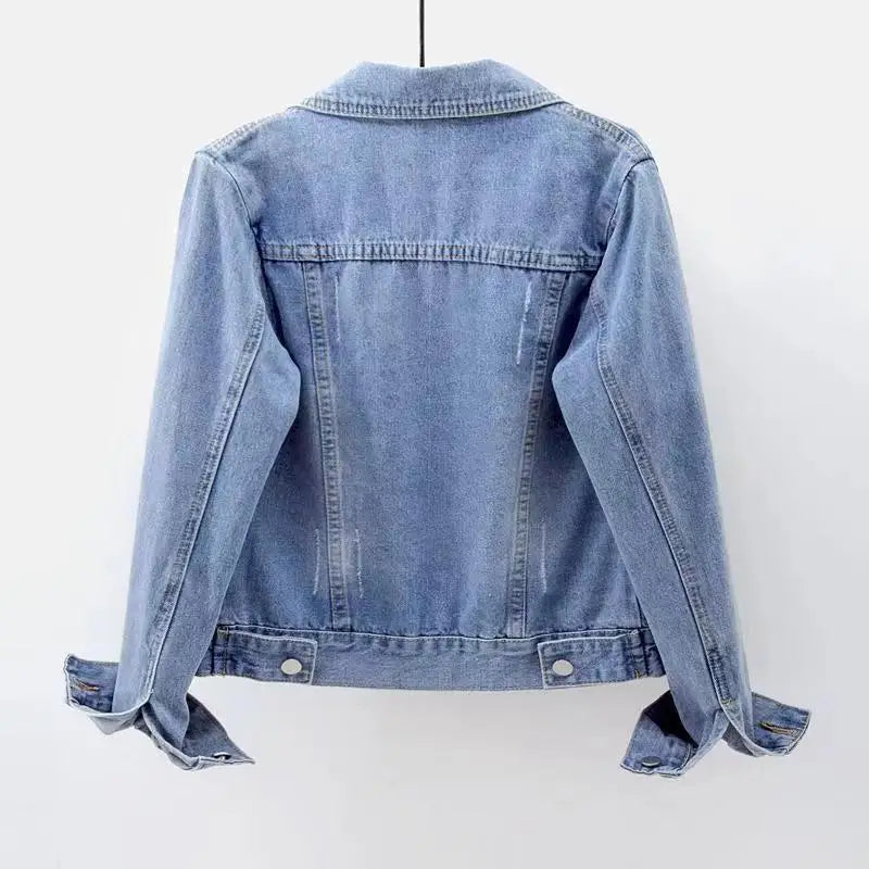 Slim Fit Denim Jacket for Women Short Washed Single Breasted Long Sleeve Tops