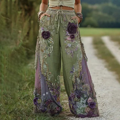 Cosplay Floral Printed Trousers Elegant Women Pants 3D Pattern Straight Leg Casual Party Long Pants