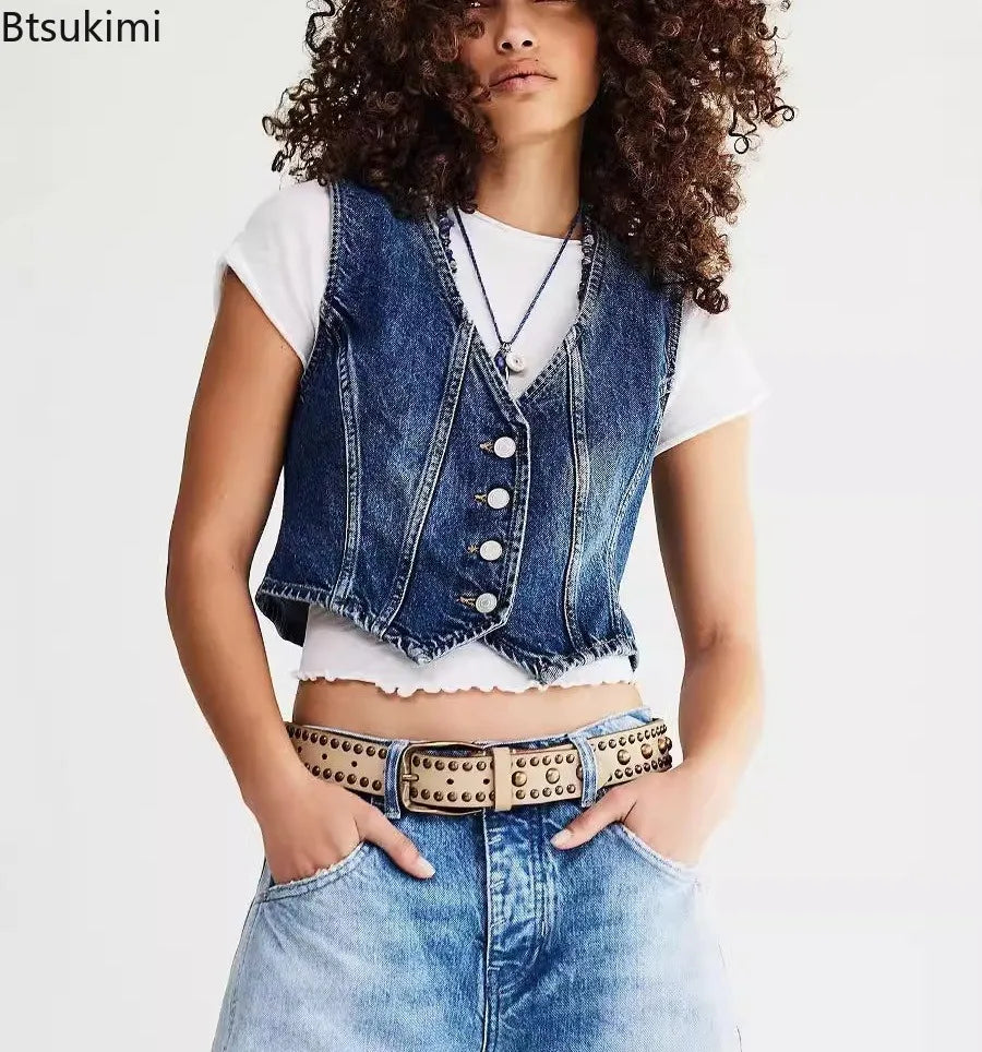 New 2026 Women's Denim Vests Summer Sexy Slim Deep V Neck Sleeveless Vest Jacket Casual Fashion Streetwear Ladies Jean Crop Tops