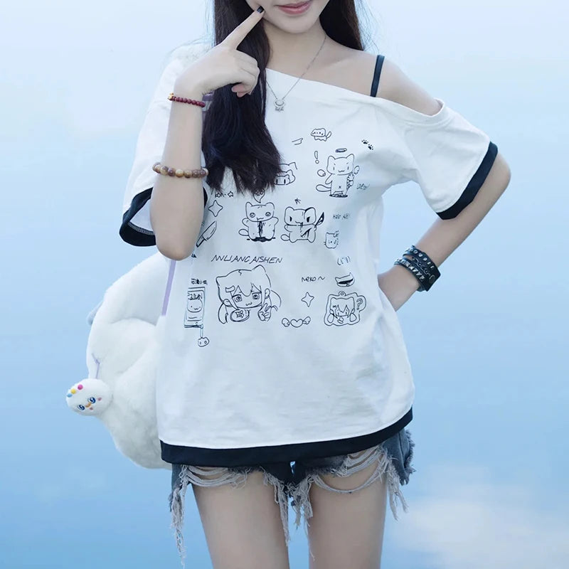 Japanese Y2k Subculture Cute T Shirt Off-shoulder White Short-sleeved Summer T-shirt Woman Cartoon Print Sweet Harajuku Tees