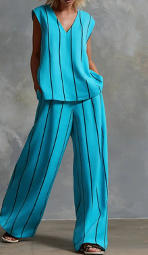 Black White Vertical Striped Loose Top+Wide Leg Pants Two-piece Summer Women's Loose Cotton Linen Trousers Set Костюм Женский