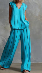 Black White Vertical Striped Loose Top+Wide Leg Pants Two-piece Summer Women's Loose Cotton Linen Trousers Set Костюм Женский