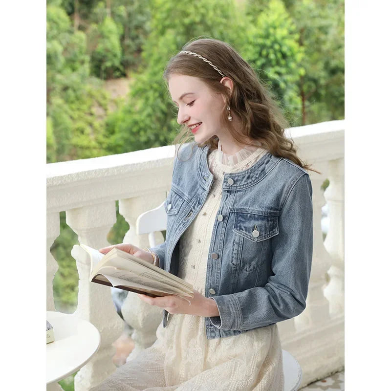 I BELIEVE YOU Short Denim Coat for Women 2024 Crew Neck Autumn New Casual Basic Straight Comfort Retro Female Jackets CWN245542A
