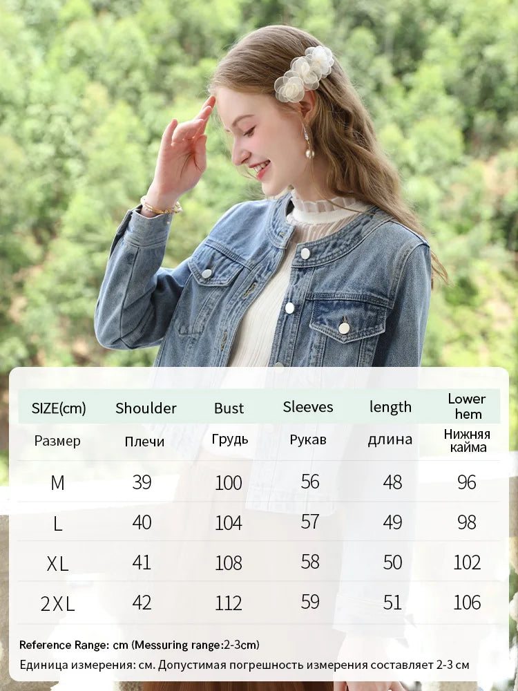 I BELIEVE YOU Short Denim Coat for Women 2024 Crew Neck Autumn New Casual Basic Straight Comfort Retro Female Jackets CWN245542A