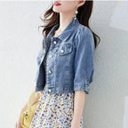 Half Sleeve Denim Fit Harajuku Street Denim Jacket Women Vintage Crops Trendy Turn Down Collar Jackets Women Basic Solid Outwear