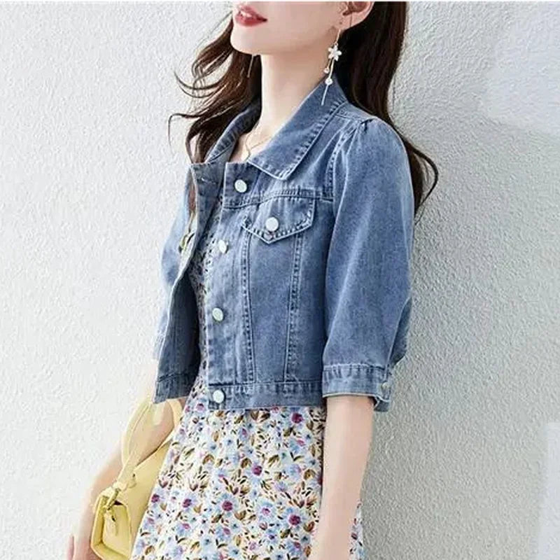 Half Sleeve Denim Fit Harajuku Street Denim Jacket Women Vintage Crops Trendy Turn Down Collar Jackets Women Basic Solid Outwear
