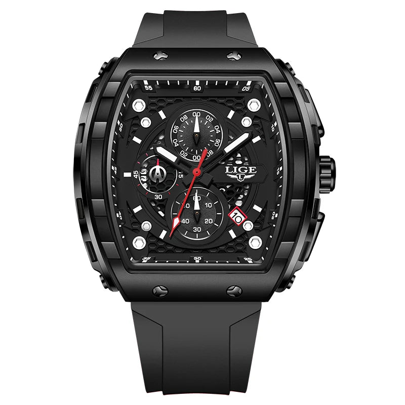 LIGE Waterproof Watches For Men Original Brand Luxury Silicone Square Men's Quartz Wristwatch Fashion Military Chronograph Male