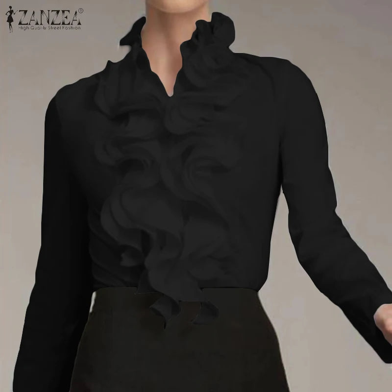 ZANZEA Elegant Women Blouse Ruffles Tops Fashion Long Sleeve Shirts Flounce Blusas Stylish OL Work Shirt Female White Blouses