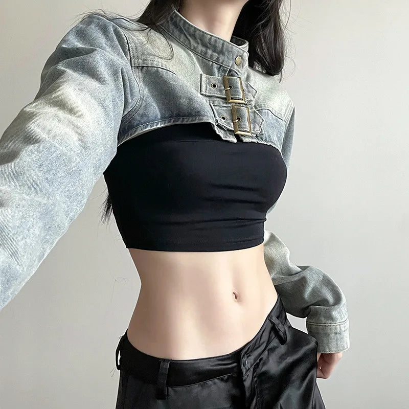 Women Fashion Denim Jacket Y2K Aesthetic Vintage Sexy Crop Tops Coat Japanese Harajuku Streetwear Female Spring Summer Outerwear