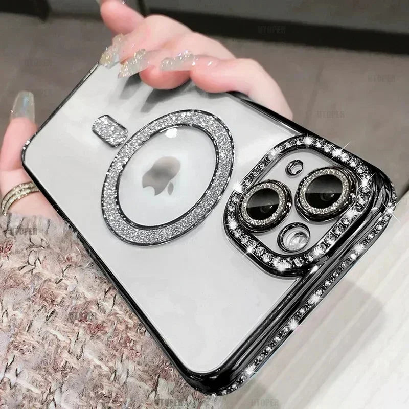 Clear Bling Crystal Phone Case For iPhone 16 15 14 11 12 13 Pro Max Plus For Magsafe Magnetic Wireless Charging Lens Film Cover