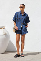 Summer Trendy Women's Casual Loose Pocket Short Sleeve Shirt Cowboy Two Piece Set