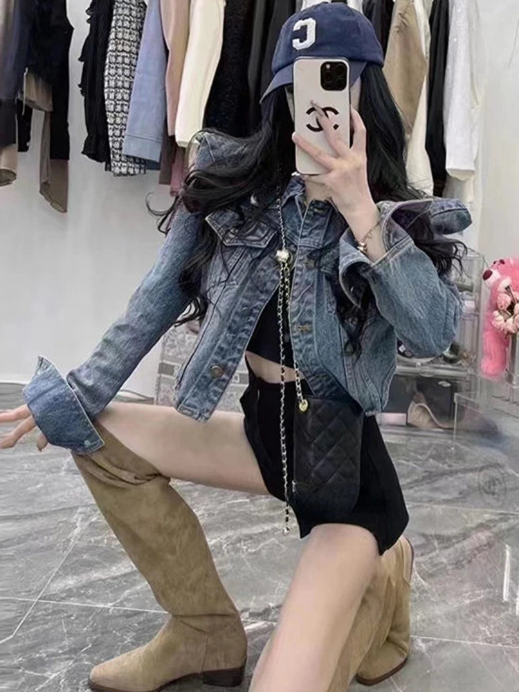 American Vintage Cropped Jackets Women Denim Chic Design Hip Hop Streetwear Young Slim Outwear Long Sleeve New Spring Popular