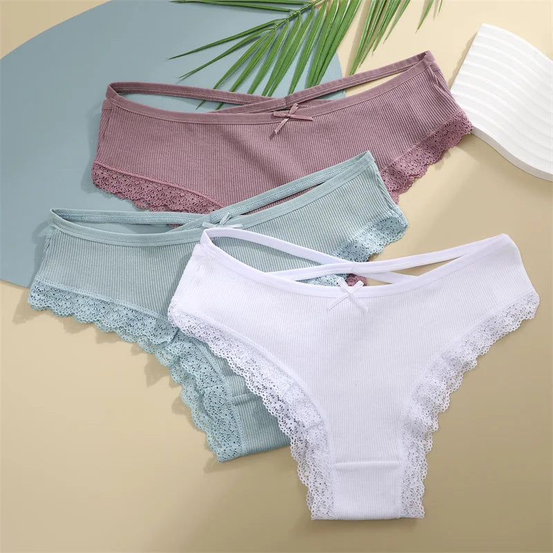 3PCS/Set Women’s Cotton Lace Bikini Panties – Low-Rise Breathable Soft Stretch Underwear (95% Cotton Comfort Fit) Sexy Low Rise Lace Brazilian Panties Hollow Out Soft Breathable Lingerie Female Bow Underwear S-XL