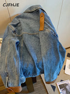 CJFHJE Blue Vintage Patchwork Denim Jacket Women Chicly Fashion Korean Loose Female Jackets Harajuku Zipper Casual Denim Coats