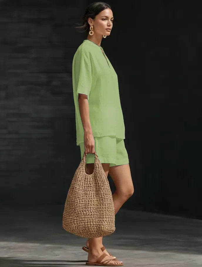 Women Casual Suits Fashion Two Pieces Sets Spring Summer Cotton Linen Loose Long Sleeve Drawstring Blouse Ruffles Shorts Set