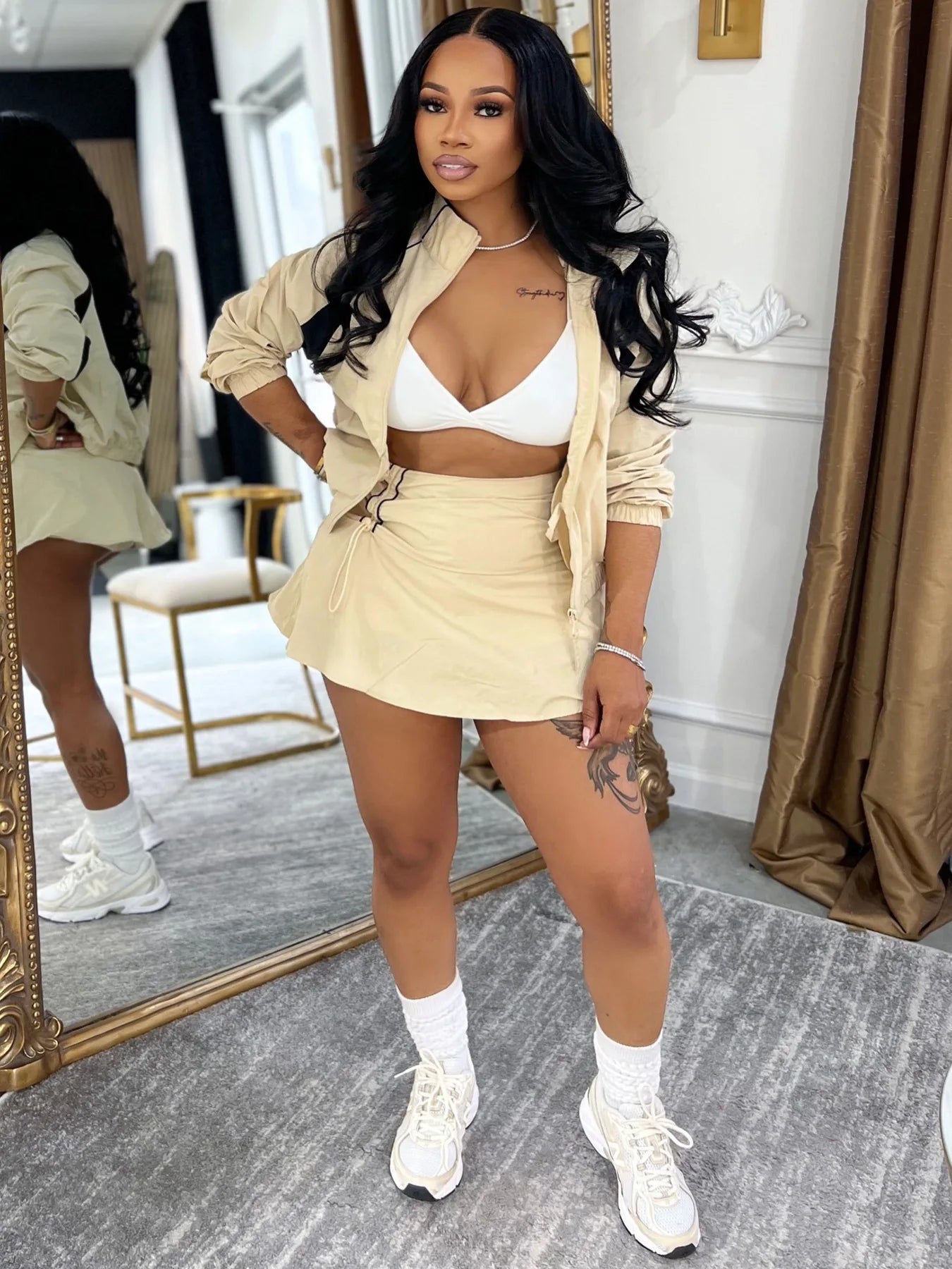 FAGADOER Casual Color Block 2 Piece Sets Woman Outfit Drawstring Ruched Patchwork Crop Top and Skirt Matching Female Streetwear