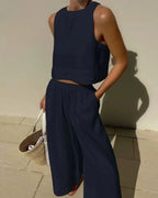 Cotton And Linen Pant Sets Women Sleeveless Leace-up Short Tops Drawstring Long Pants Two Piece Set Commuting 2023 Summer New