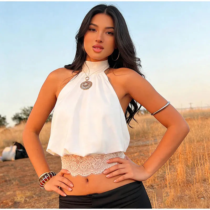 Lace Patchwork Halter Sleeveless Top Bow SLeeveless Tie Slim Fitted 2026 Summer Elegant Women Blouse Versatile Chic Lady Top