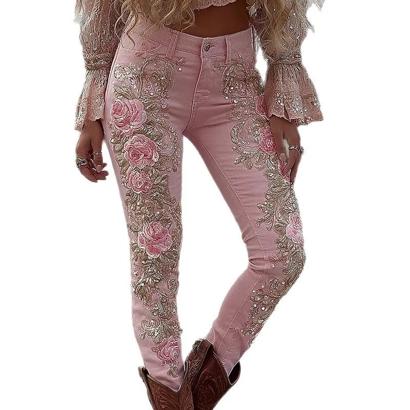 Womens European American Style Floral Print Jeans Straight Leg Casual Denim Pants