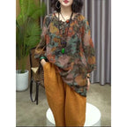 New Womens Cotton and Linen Clothing Sets Female Floral Long Sleeve Tops and Loose Pants Female 2PCS Outfits Plus Size