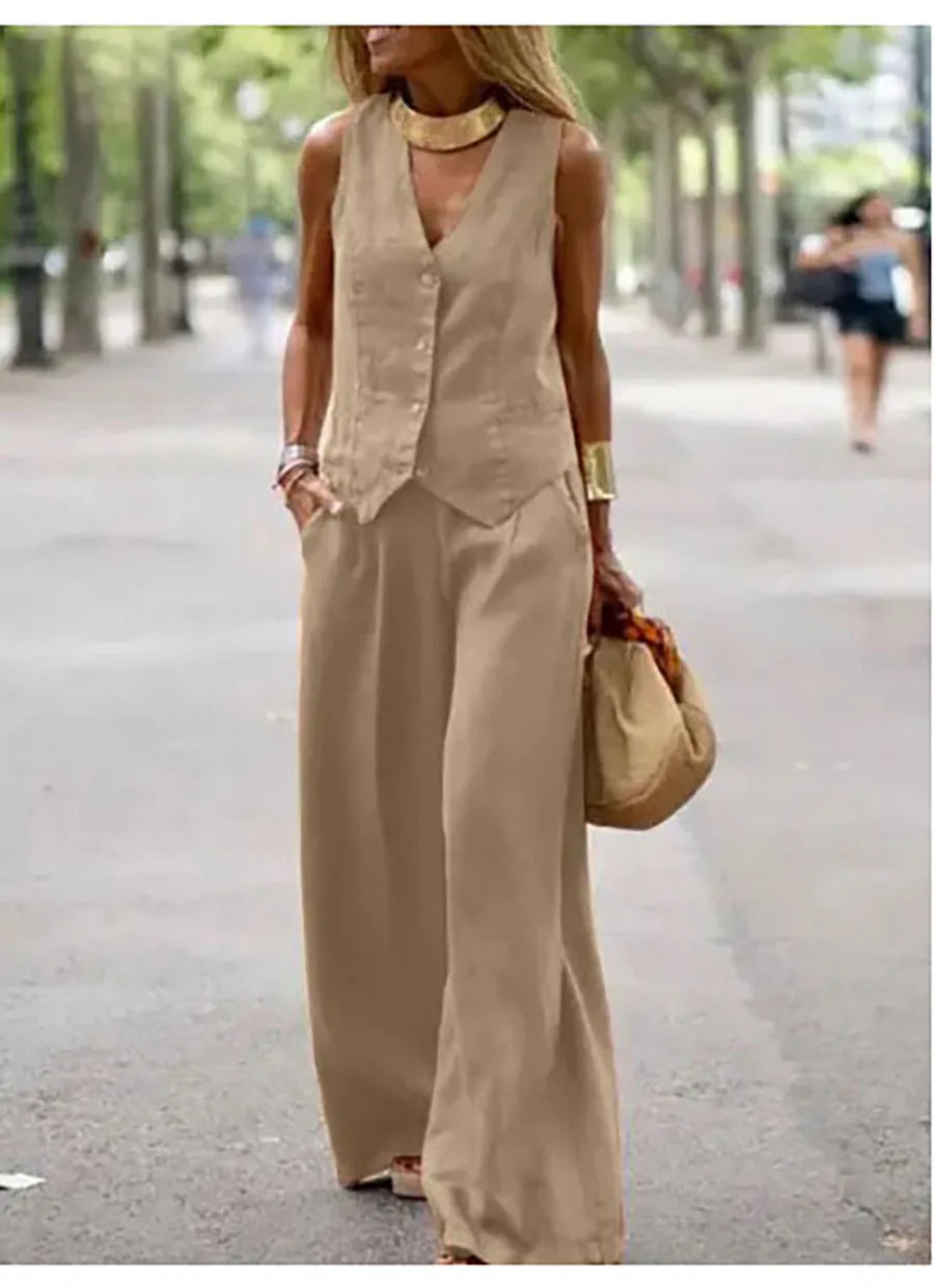 Casual Tank And Wide Leg Pant Sets 2 Piece Sets Women Outfit Summer Elegant Solid Cotton Linen Tops Trousers Suit Femme