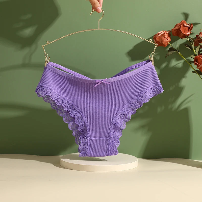 3PCS/Set Women’s Cotton Lace Bikini Panties – Low-Rise Breathable Soft Stretch Underwear (95% Cotton Comfort Fit) Sexy Low Rise Lace Brazilian Panties Hollow Out Soft Breathable Lingerie Female Bow Underwear S-XL