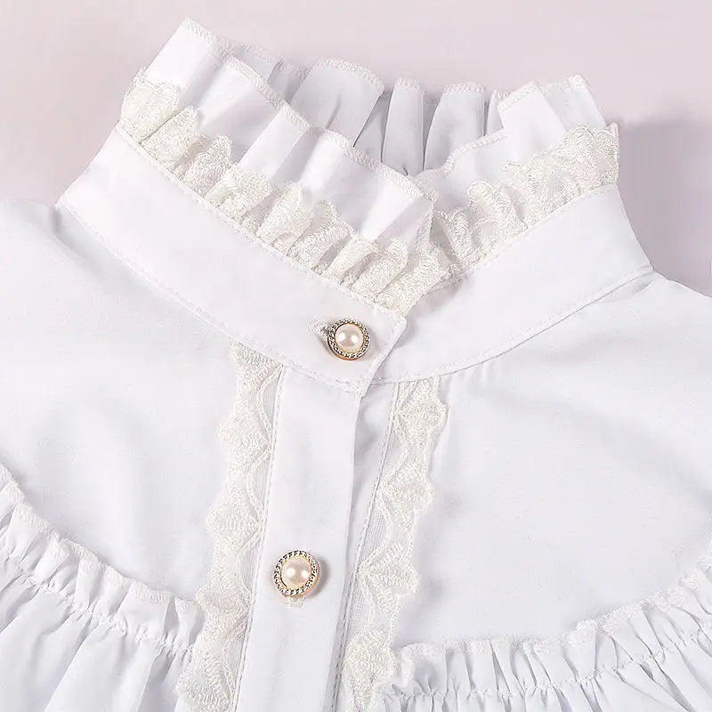 Women's Vintage Ruffle Collar Shirt 2026 Spring New Arrival High Neck Lace Trim Button Down Shirt Elegant Gothic Blouse Tops