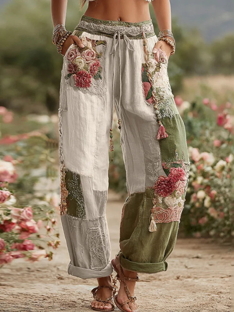 Cosplay Floral Printed Trousers Elegant Women Pants 3D Pattern Straight Leg Casual Party Long Pants