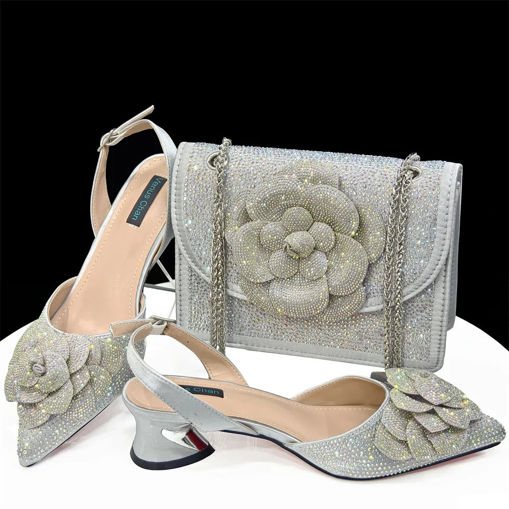 Italian Shoes And Bag Sets With Stones Gold EDHDF1-3
