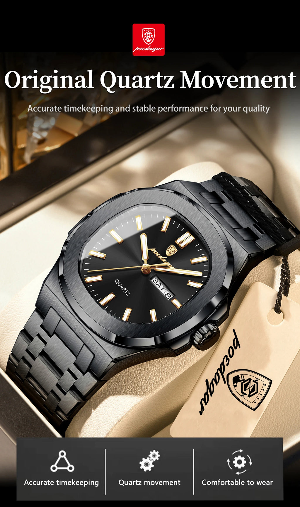 POEDAGAR Top Trendy Men's Watches Waterproof Luminous Date Week Luxury Men Watch Stainless Steel Quartz Business Man Clock Reloj