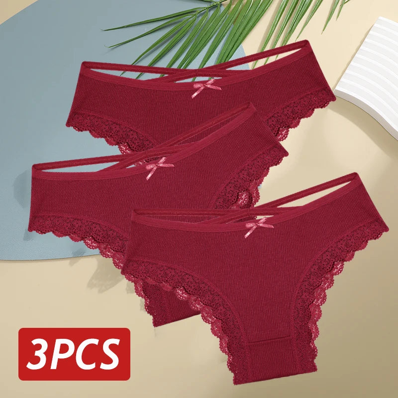 3PCS/Set Women’s Cotton Lace Bikini Panties – Low-Rise Breathable Soft Stretch Underwear (95% Cotton Comfort Fit) Sexy Low Rise Lace Brazilian Panties Hollow Out Soft Breathable Lingerie Female Bow Underwear S-XL