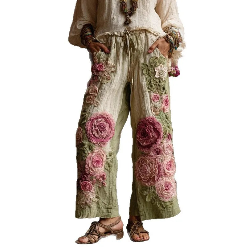 2026 New Women Pink 3D Floral Print Long Pants Elegant High Waist Straight Leg Trousers Casual Party Fashion Streetwear Bottoms