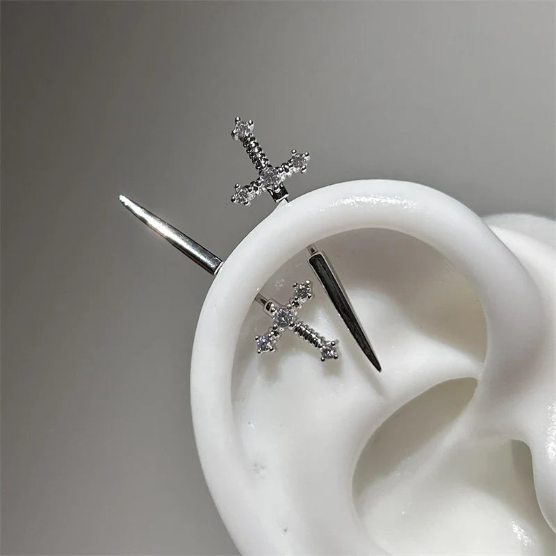 New Fashion Love Wings Cross Stainless Steel Ear Bone Nail Shiny Zircon Trendy Thread Earring for Women Body Piercing Accessorie