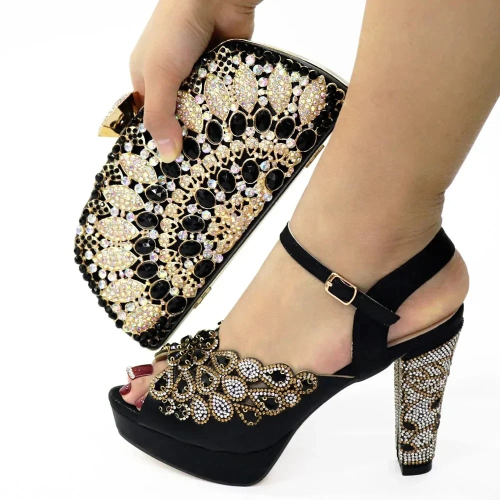 Ladies Leather Shoe and Bag Set Black ERTY34
