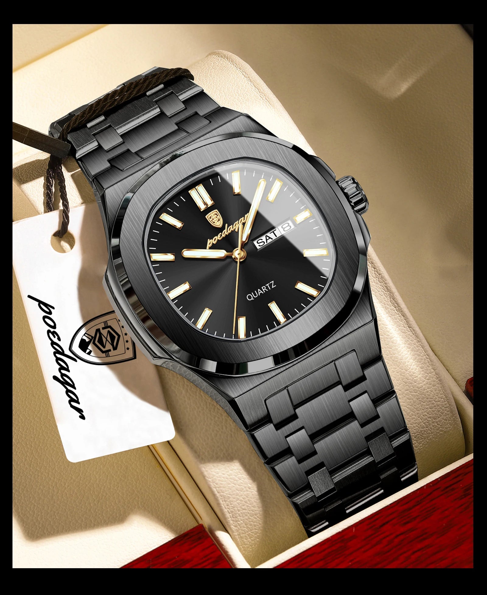 POEDAGAR Top Trendy Men's Watches Waterproof Luminous Date Week Luxury Men Watch Stainless Steel Quartz Business Man Clock Reloj
