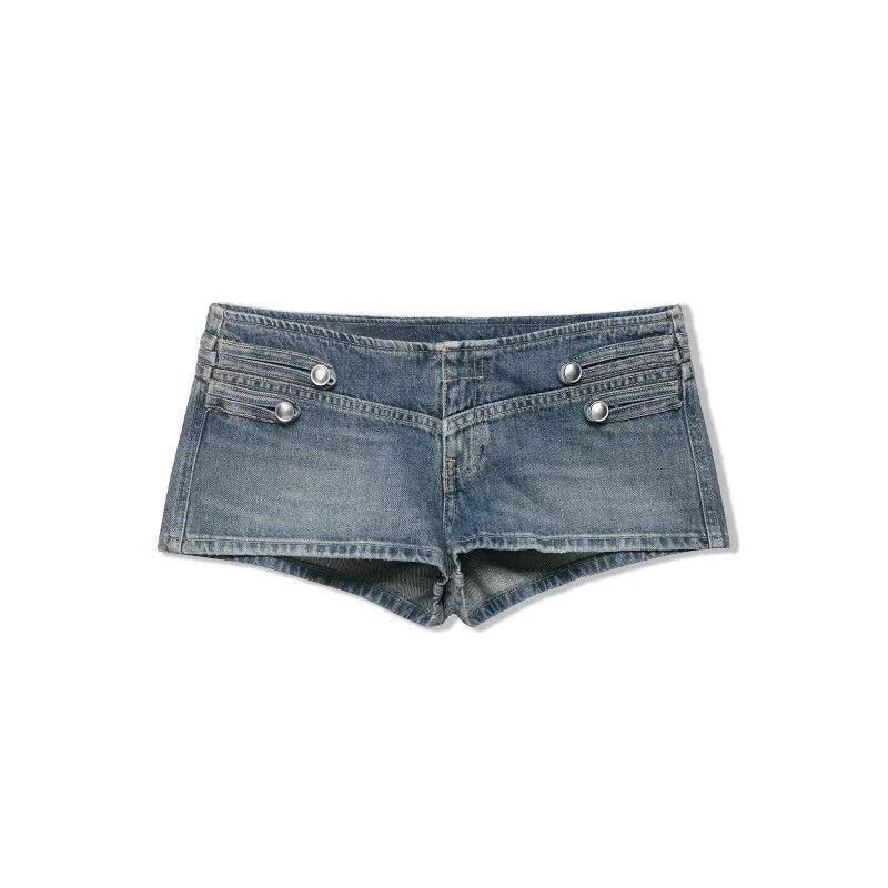 2026 New Women Denim 2 Piece Set Streetwear Button Decorated Stand Collar Cropped Jacket + Low Waist Shorts Y2K Outfi