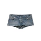 2026 New Women Denim 2 Piece Set Streetwear Button Decorated Stand Collar Cropped Jacket + Low Waist Shorts Y2K Outfi