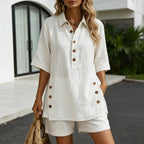 Fresh Color Women Blouse Cotton Linen Set Button Short Sleeve Shirt And Wide Leg Shorts 2 Piece Outfit Summer Women Outfit
