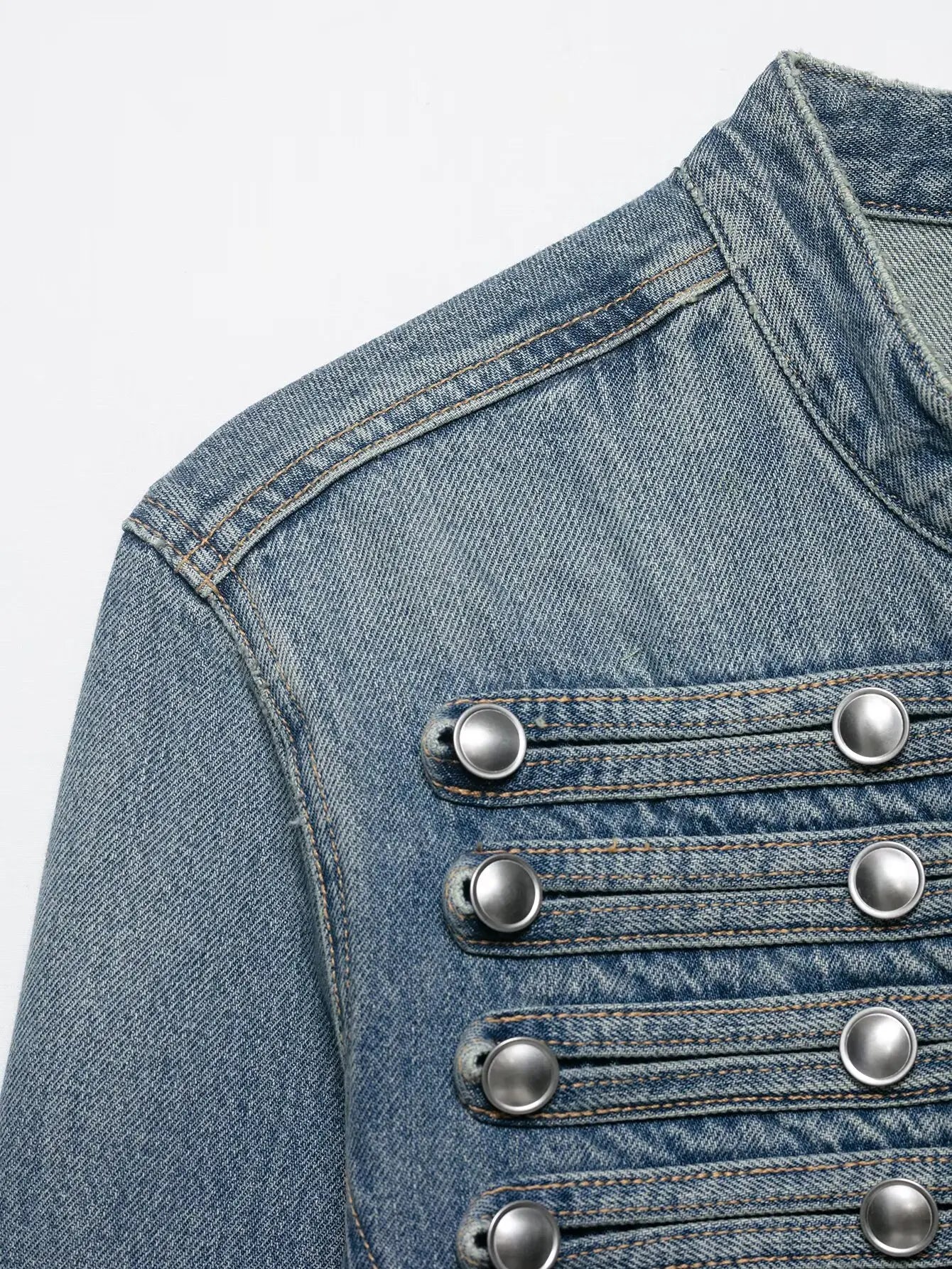 HH Women Vintage Distressed Denim Military Jacket Spring Autumn Slim Fit Biker Style Button Female Cropped Jean Coat Streetwear