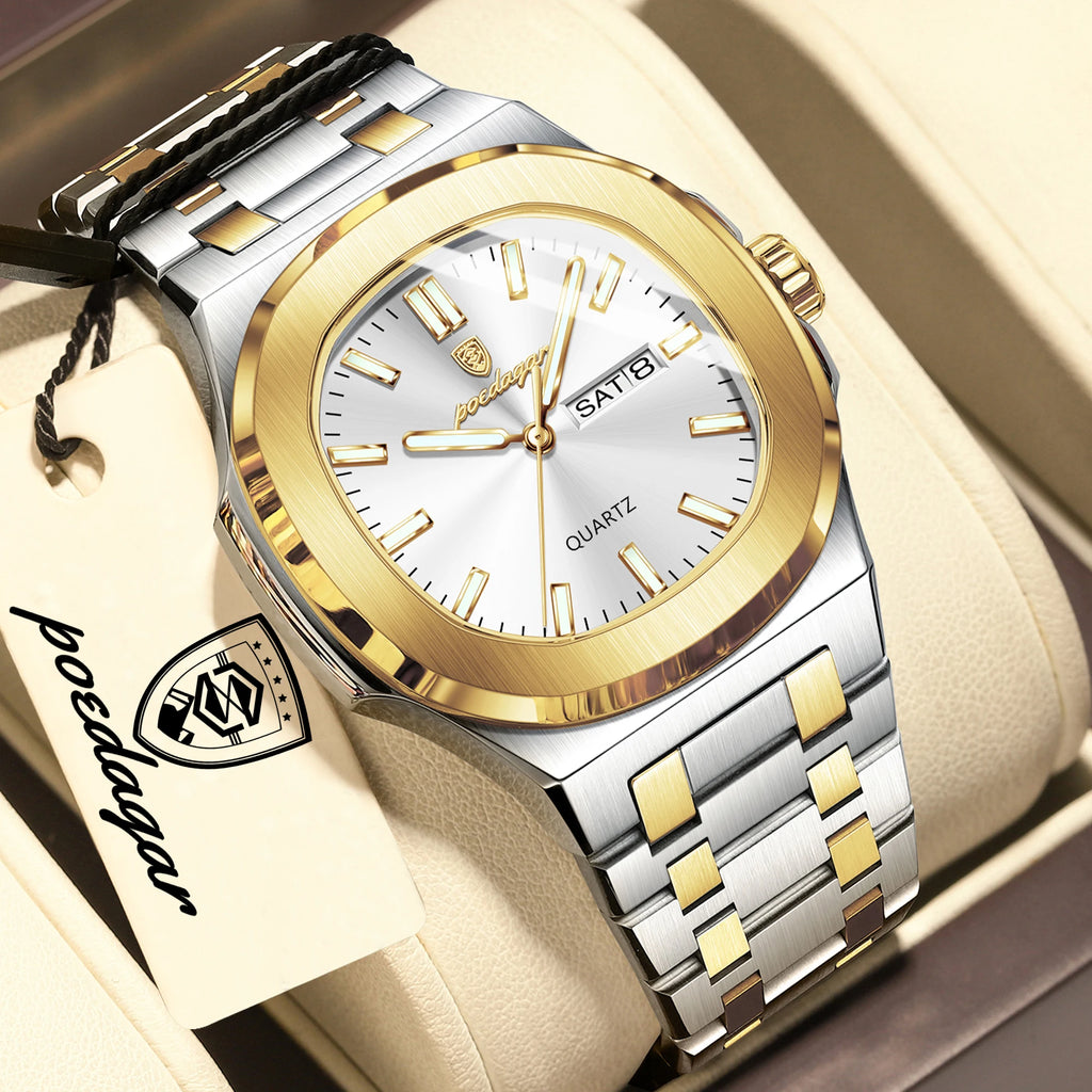 POEDAGAR Top Trendy Men's Watches Waterproof Luminous Date Week Luxury Men Watch Stainless Steel Quartz Business Man Clock Reloj