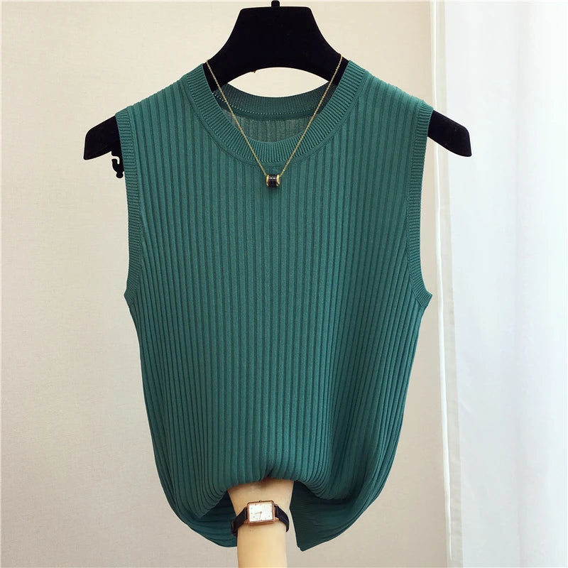 zjais Summer Spring Tanks Top Women Sleeveless Knitted T-Shirts Female Elastic Slim Casual Vests Crop Tops Camis Pullover Shirts